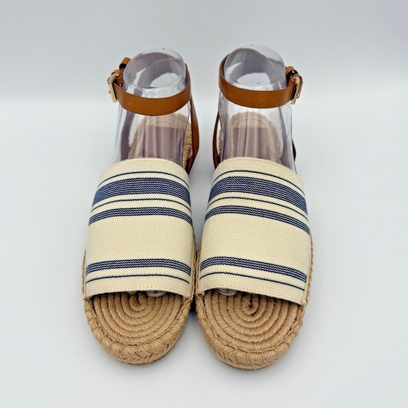 Tory Burch Espadrille Sandals Blue Ivory Striped Leather Ankle Strap Jute Size 8 - Picture 5 of 13